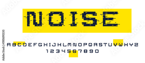 Glitch noisy geometric vector font in analog style, futuristic cyberpunk typeface with digital grunge effect, matrix typography alphabet letters and numbers.