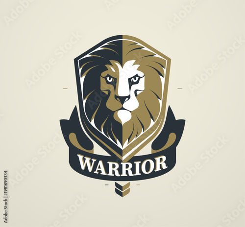 Warrior lion emblem inspired by knight honor, courage and dignity, created in timeless heraldic style for noble brands, teams and symbolic identity designs.