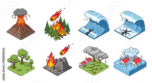 Educational collection of isometric illustrations depicting various natural disasters like volcanic eruptions, wildfires, tsunamis, and floods.