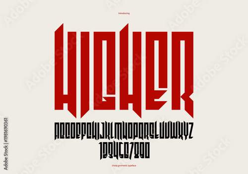 Sharp and bold vector display condensed font for logos, gothic or heavy metal style modern tall typeface, edgy hard rock letters and numbers alphabet for titles or slogans, heavy typography.