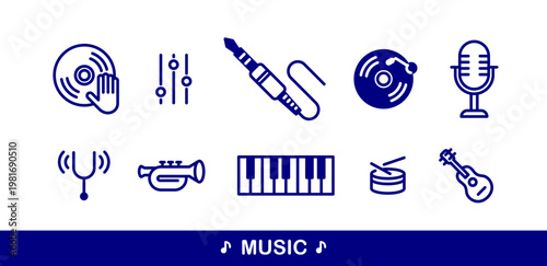 Sound producing and audio engineering vector detailed icons set, music mixing and playing instruments.