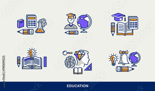 Education vector icons set, school study of science, university and academy learning, different disciplines knowledge.