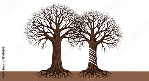Symbolic illustration of two massive leafless trees where one trunk is wrapped in a bandage representing nature healing and conservation.