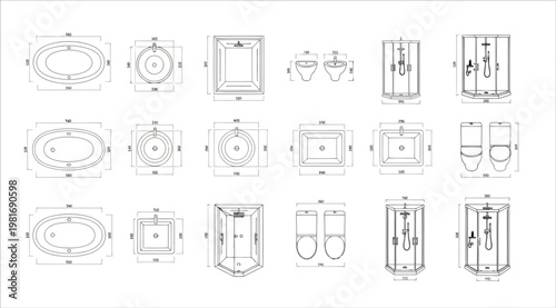 Technical drawings of various bathroom fixtures and fittings including bathtubs, sinks, toilets, and shower enclosures with precise measurements
