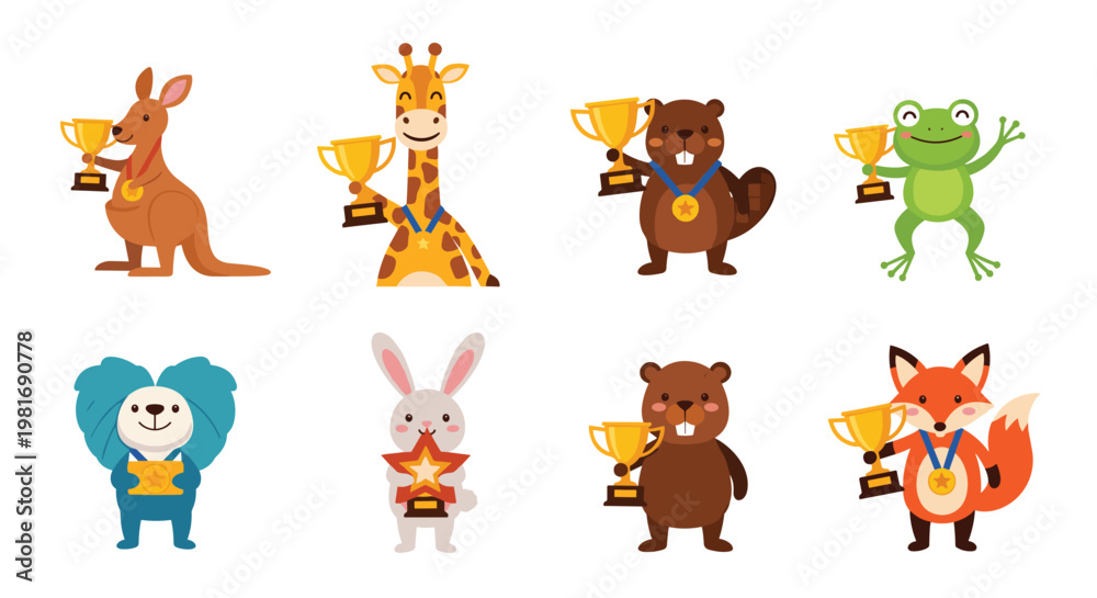 Obraz premium Cute animal champions collection featuring a kangaroo, giraffe, beaver, frog, lion, rabbit, and fox holding gold trophies and medals.