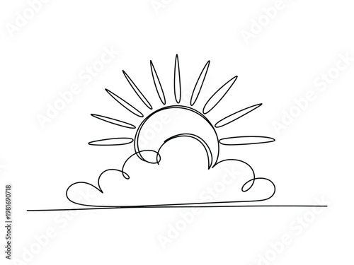Simple line drawing of a sun rising behind a cloud in a minimalist one line style  serene morning scene
