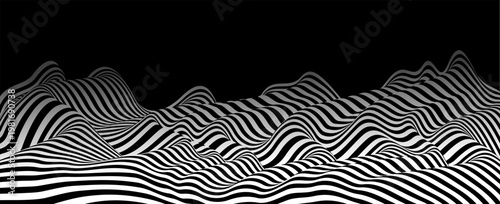 Abstract vector 3D lines background, black and white curves linear perspective dimensional terrain optical pattern.