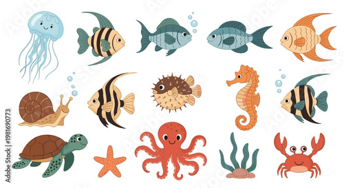 Diverse collection of colorful sea creatures including fish, jellyfish, snail, octopus, turtle, seahorse, crab, and starfish on white.