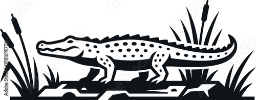 Crocodile illustration depicts a monochrome wildlife scene featuring tall reeds and a textured river bank.