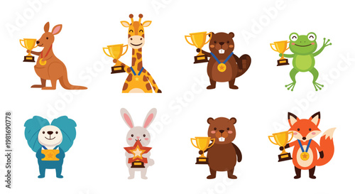 Cute animal champions collection featuring a kangaroo, giraffe, beaver, frog, lion, rabbit, and fox holding gold trophies and medals.
