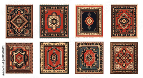 Traditional oriental rug pattern collection featuring intricate geometric designs and rich colors in a variety of rectangular shapes.