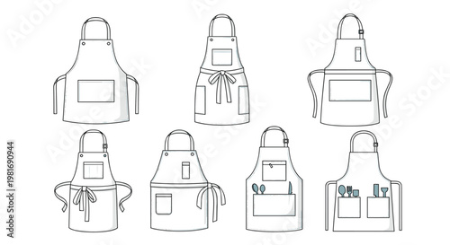 Practical set of seven kitchen apron designs in clean line art featuring various pocket configurations and tool placements for cooks.