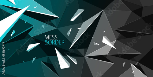 Low poly dark vector abstract background with dynamic particles in chaos, broken debris explosion mess polygonal abstraction, 3D structure dynamism.