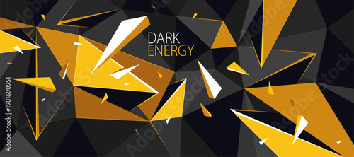 Dark and yellow low poly vector abstract background, polygonal abstraction with decay motion of flying particles, 3D dynamic art in force of explosion.