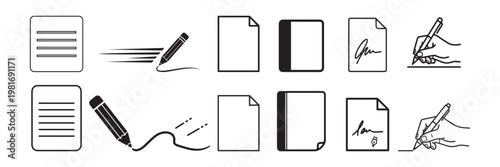 Set of black and white minimal vector icons depicting documents, writing pens, and signing actions.