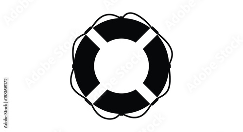 A stark black life preserver illustration with ropes a bold silhouette