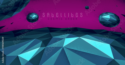 Abstract planet terrain with satellites flying around vector illustration, sci-fi space art, unknown distant planet panorama wallpaper, low poly design.