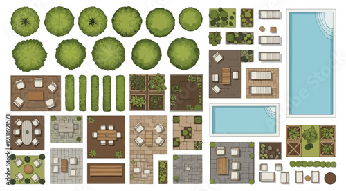 Collection of various garden and pool elements for landscape design