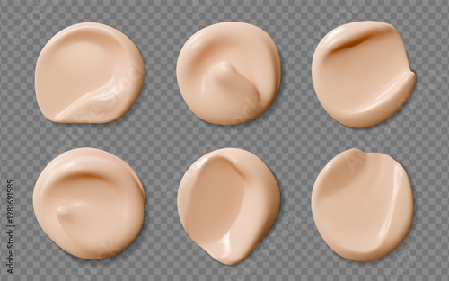 Realistic beige foundation cream swatch, skincare cosmetic smudges or drops set. Liquid powder or bb creme. 3d vector smooth concealer strokes. Creamy cosmetics glossy finish, beauty product sample