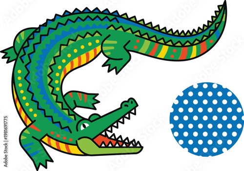 Crocodile illustration features a vibrant green reptile positioned next to a blue circular pattern.