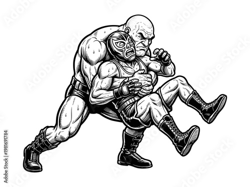Black and white vector illustration depicting a professional wrestling or MMA grappling scene.