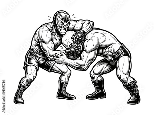 Black and white vector illustration depicting a professional wrestling or MMA grappling scene.