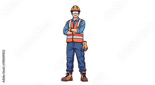 Construction Worker Standing Confidently in Safety Gear, Arms Crossed