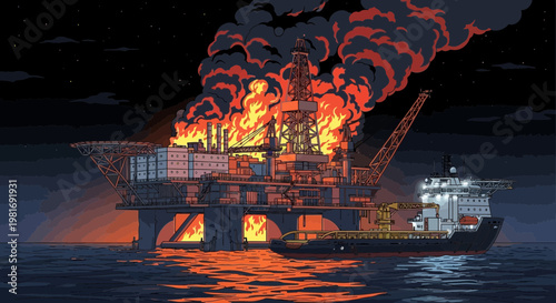 Offshore oil rig ablaze at night with emergency response vessel nearby