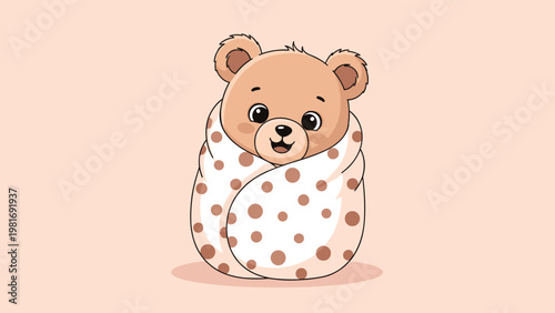 Adorable baby bear cub wrapped snugly in a white polka dot blanket smiles warmly on a soft peach background.