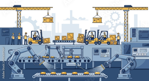 Automated factory production line with robots, forklifts, and workers in a modern industrial setting.