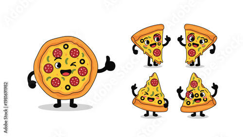 Fun pepperoni pizza character giving a thumbs up alongside four smaller slices showing different happy facial expressions and gestures.