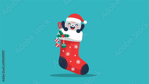 Cheerful little panda wearing a red santa hat peeking out from a decorated christmas stocking against a solid blue background.