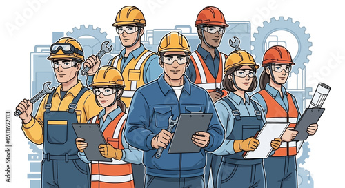 Diverse team of skilled industrial workers in uniform and safety gear, holding tools and blueprints.