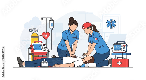 Paramedics Performing CPR on Patient with Medical Equipment