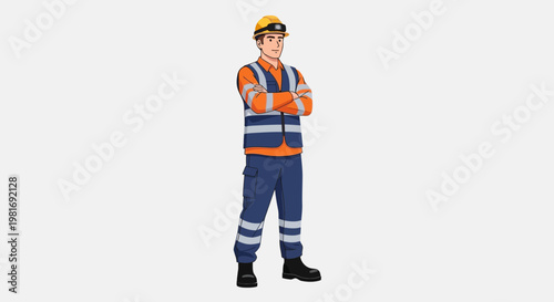 Construction Worker Standing Confidently with Arms Crossed, Safety Gear, Blue Collar