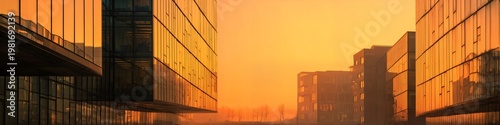 Golden hour casts a warm, radiant glow over sleek glass skyscrapers