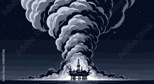 Oil Rig Explosion: Massive smoke cloud erupts from offshore platform at night, industrial disaster.