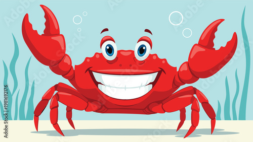 Jolly red crab with large claws and big white teeth smiling broadly on the sandy ocean floor among green seaweed.