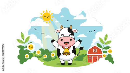 Happy black and white cow with a golden bell standing in a lush green meadow with a red barn and smiling flowers.