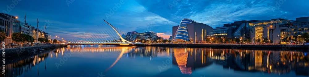 Obraz premium City skyline reflects in calm river at twilight
