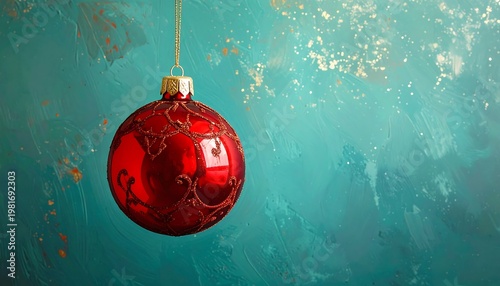 A red Christmas ornament hangs against a teal background