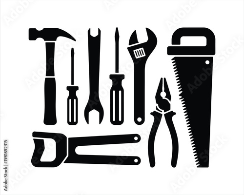 Hand Tools Silhouette icons set. silhouette hand tools for repair and construction. worker icons set