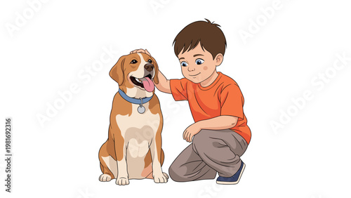 Happy young boy kneels down to pet his loyal tri-color beagle dog friend who is sitting patiently with its tongue out.