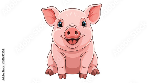 Adorable pink piglet sits and smiles happily with bright blue eyes on a clean white background in a cute illustration.