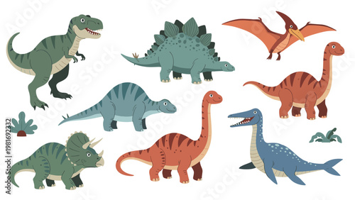Set of various colorful dinosaur illustrations including tyrannosaurus rex, stegosaurus, triceratops, and pterodactyl.