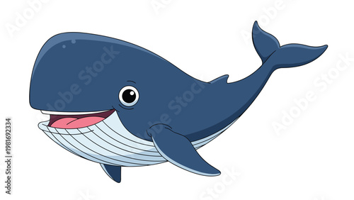 Friendly blue whale swims happily through the deep ocean water with its mouth slightly open and a large tail fin behind.