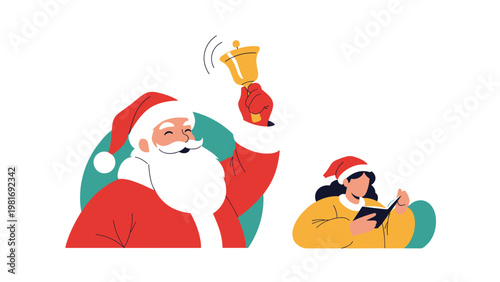 Jolly Santa Claus rings a golden bell while a young girl in a red hat reads a book for a festive Christmas holiday scene.