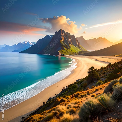 A serene beach with turquoise water, surrounded by mountains at sunset