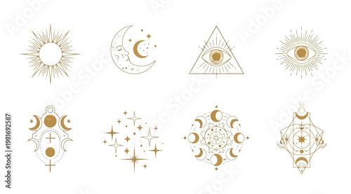 Golden celestial symbols and moon phases on with mystical and astrological elements