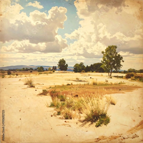A serene desert landscape with scattered trees and grass